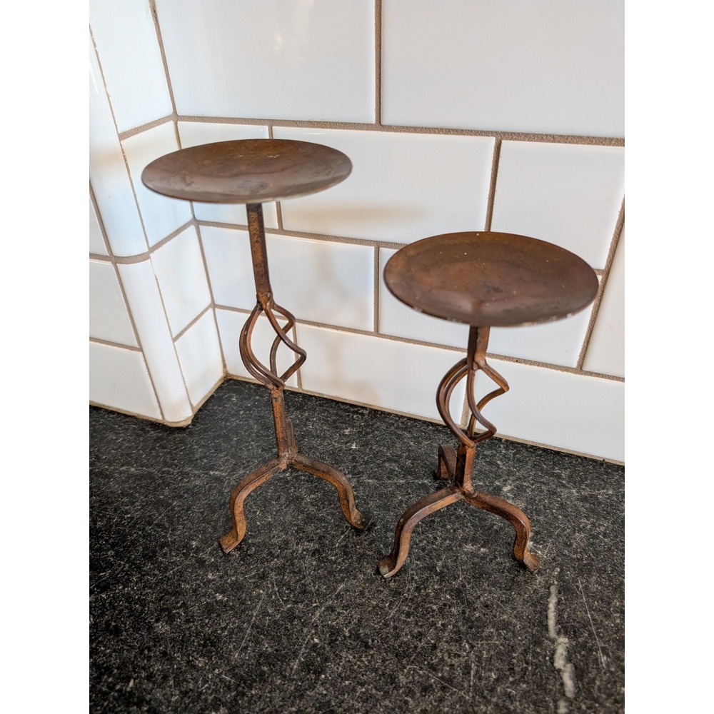 Wrought Iron Pillar Candle Holder Set 2 Rustic Bronze Twisted Stem Made in India
